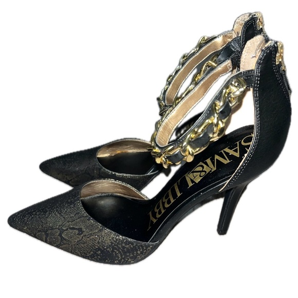 Sam & Libby Dylan Gold Black Ankle Chain Strap Stiletto 4" Heels Shoes, Size 9.5 - Picture 7 of 14